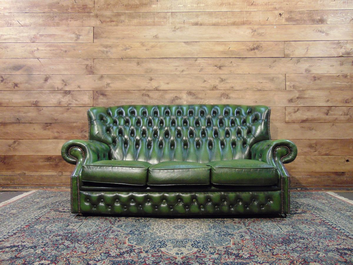 Chesterfield Monk sofa original English vintage in real green leather