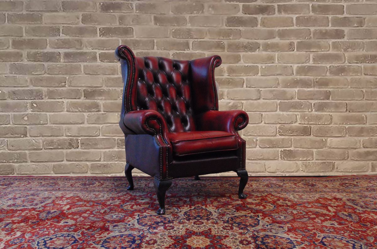 Burgundy Queen Anne Chesterfield armchair