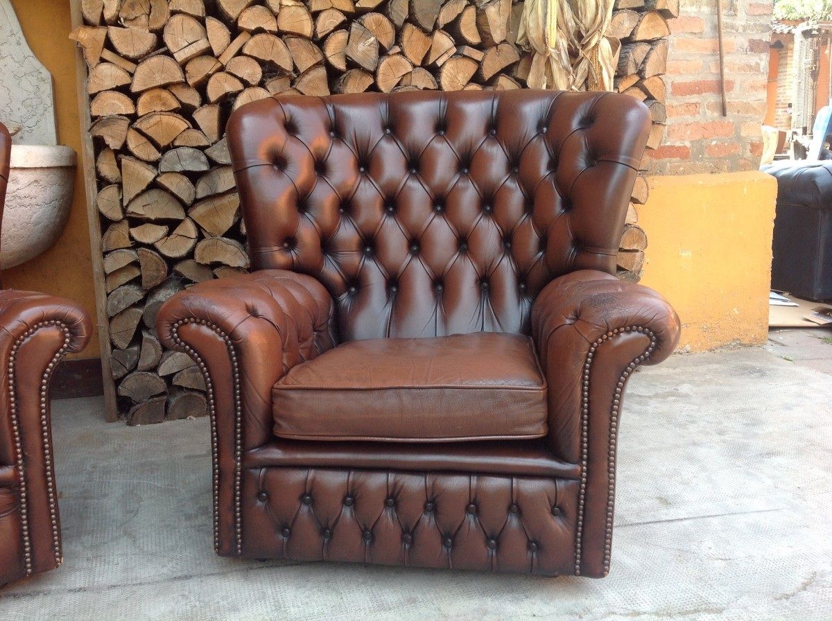 Poltrona Chesterfield vintage in pelle marrone